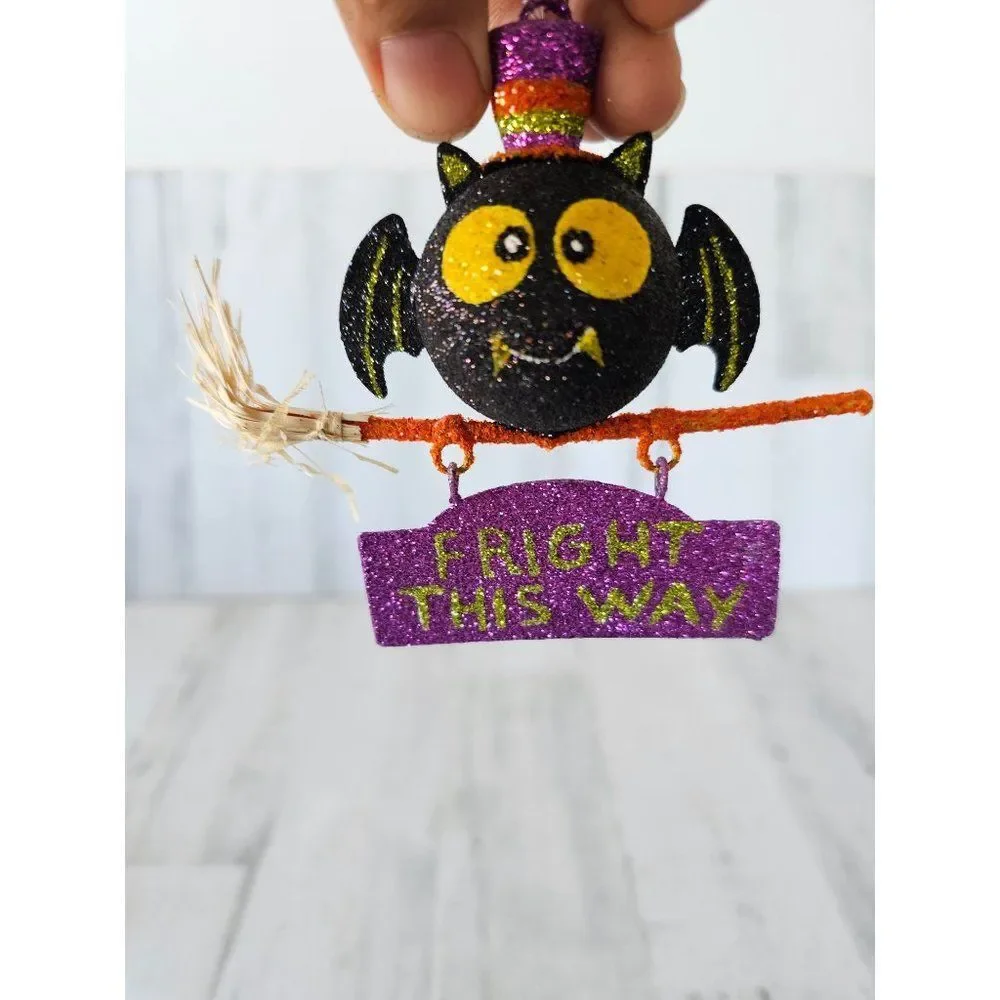 Pier 1‎ glitter owl ornament Halloween fright broom rare vintage décor